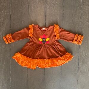 Toddler Girls’ Long-Sleeve Girly Thanksgiving Turkey Ruffle Dress • Size 2-3T